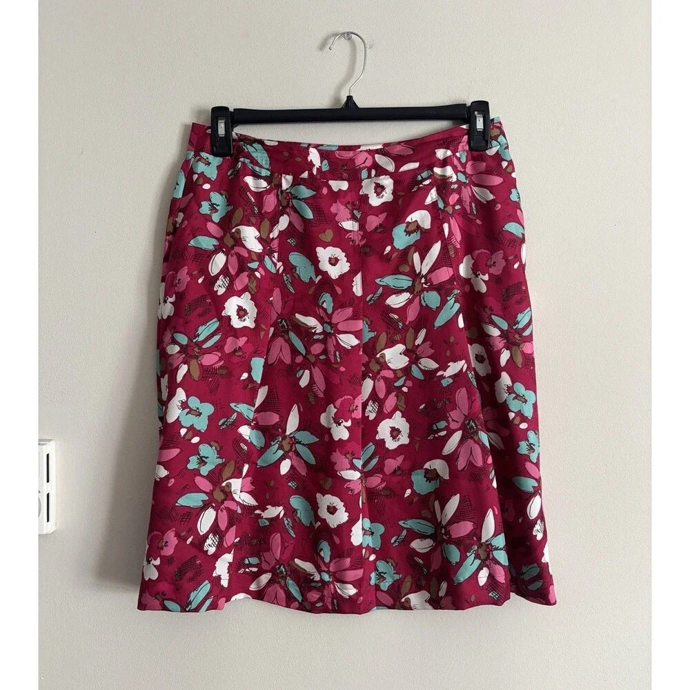 Vintage Y2K 2000s 100% SILK Merona Skirt Floral A Line‎ Pink Blue White Preppy